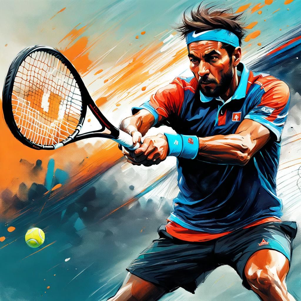 Tennis Player Volleying: Crayon Caricature in Vivid Colors