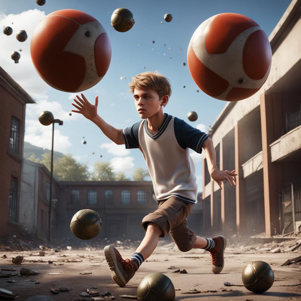 Boy Plays Football Amidst Explosions: Detailed Matte Paintin...