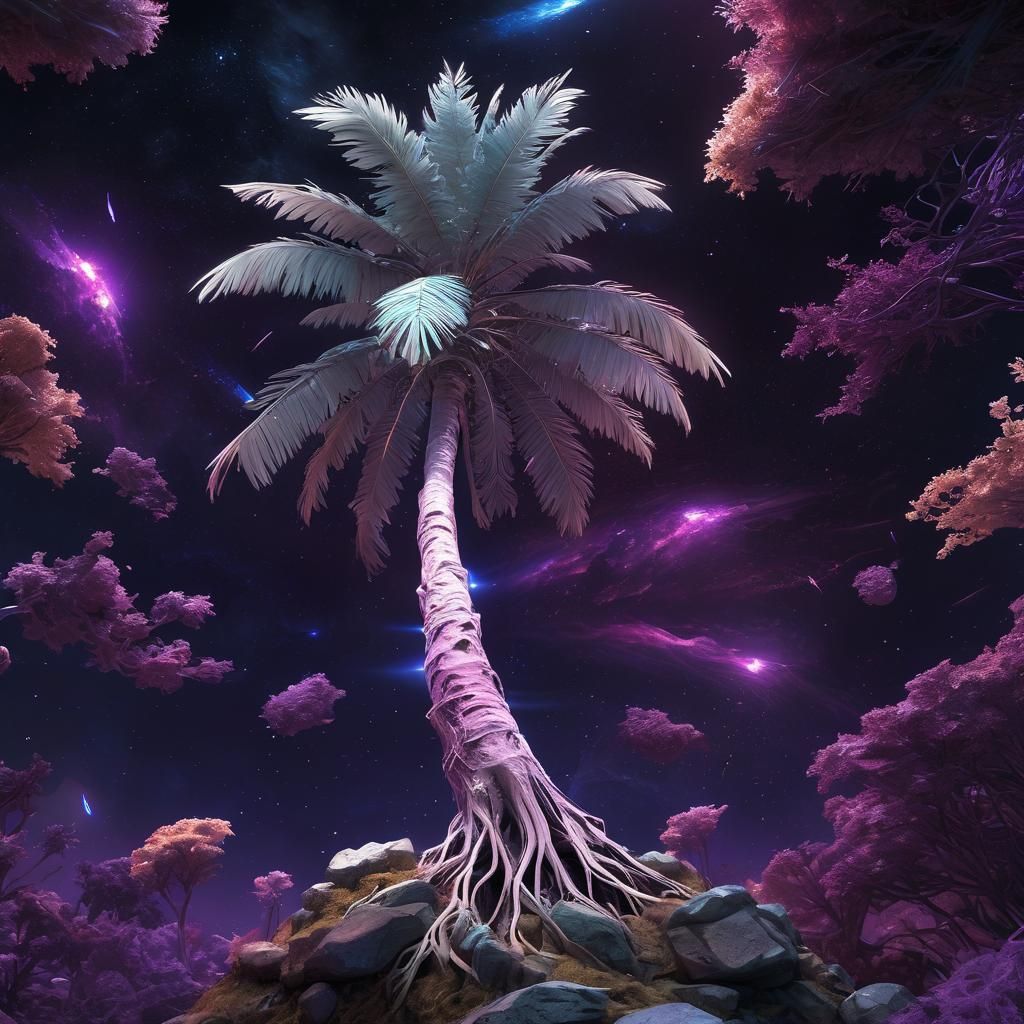 Crystalline Palm on Asteroid in Neon Sci-Fi Style