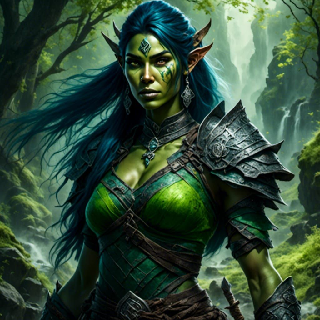 Green-Skinned Female Half-Orc Warrior in Fantasy Art