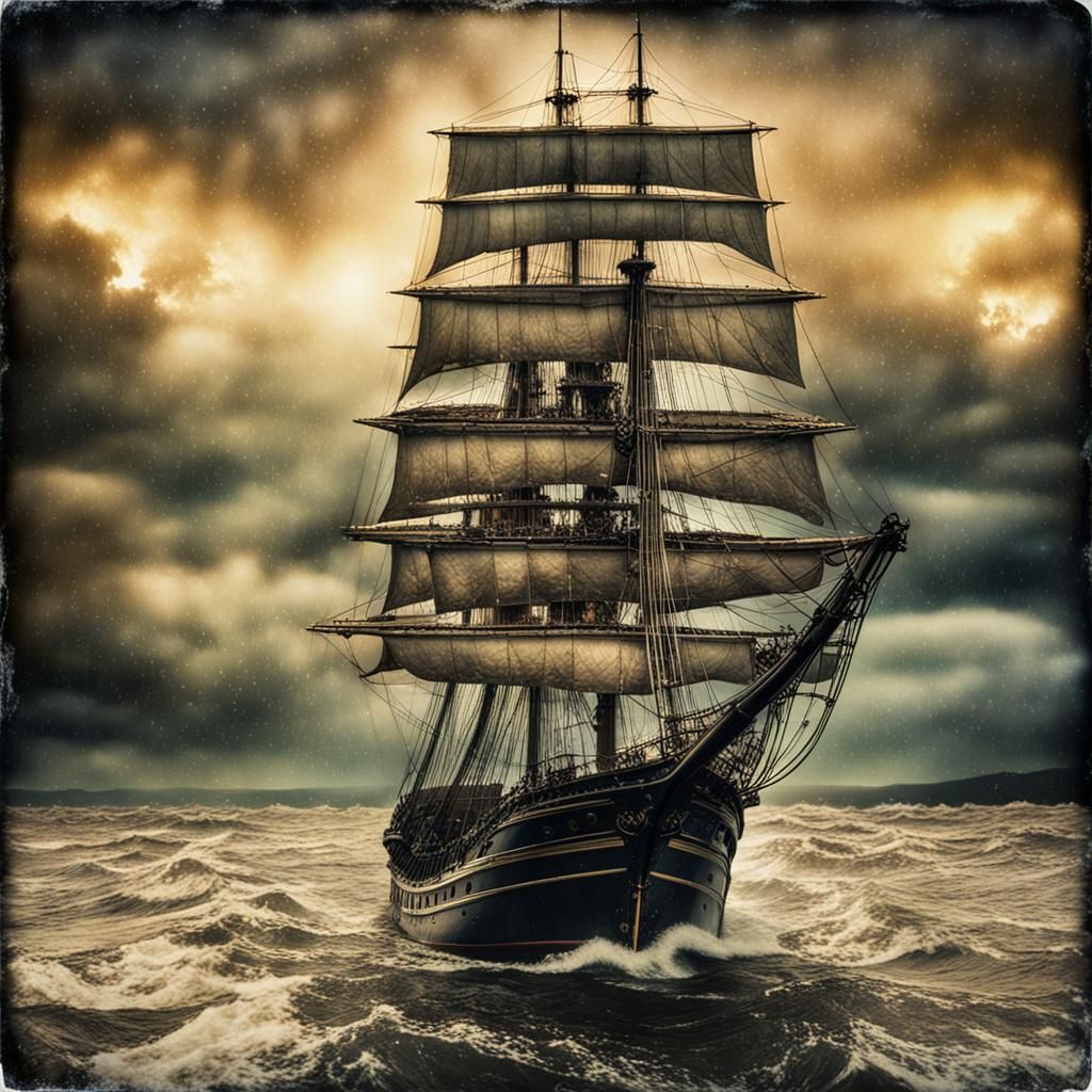 Ghost Ship: Victorian Gothic Sailing Vessel in Polaroid