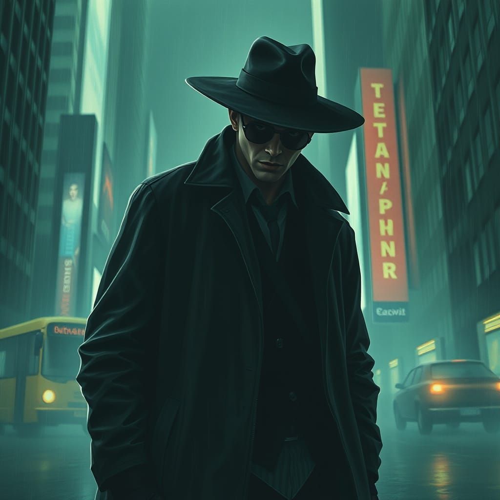 Noir Detective in Misty Cityscape