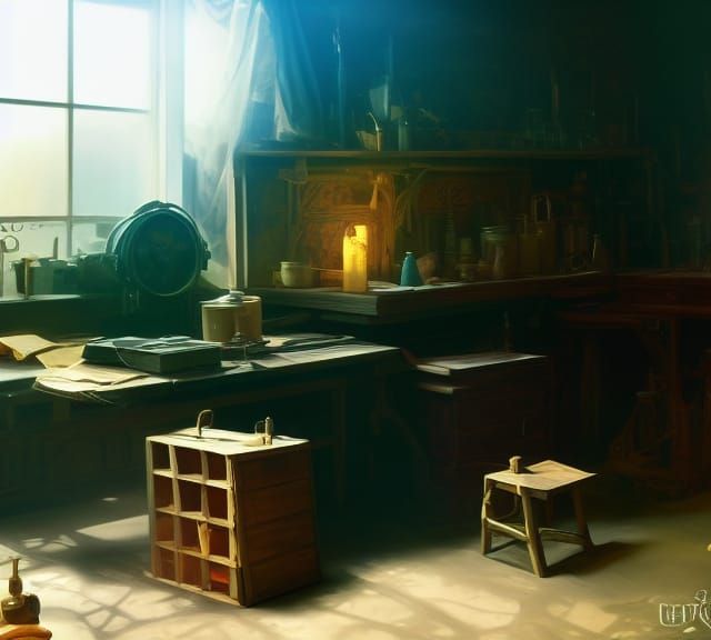 Detailed Workshop Scene with Cats in Triadic Colors