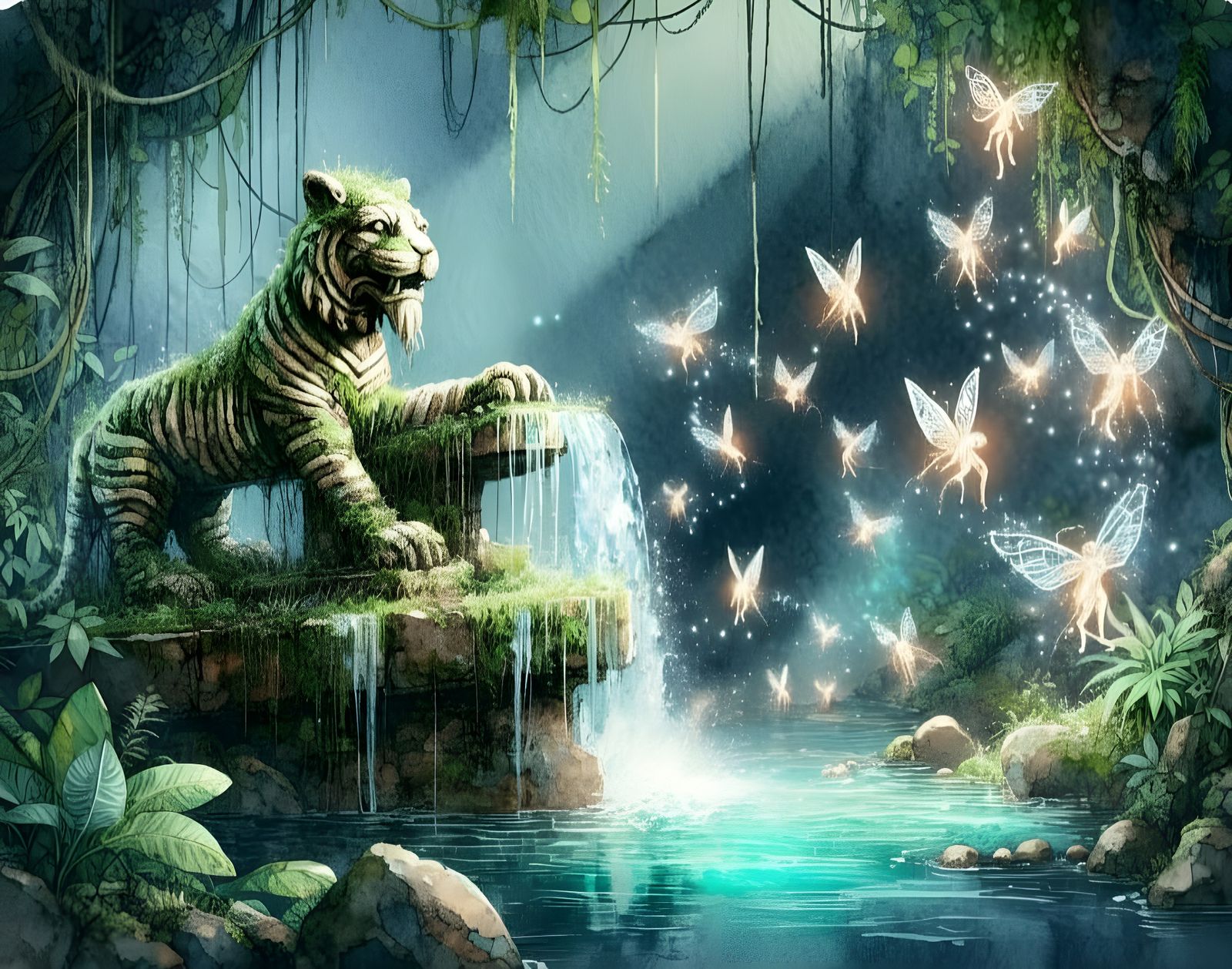 Mossy Stone Tiger Statue in Ethereal Jungle River