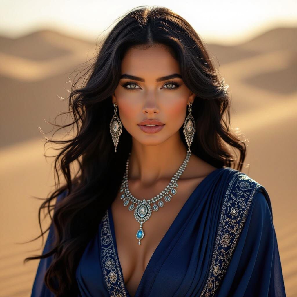 Elegant Woman in Desert Landscape, Photorealistic Style