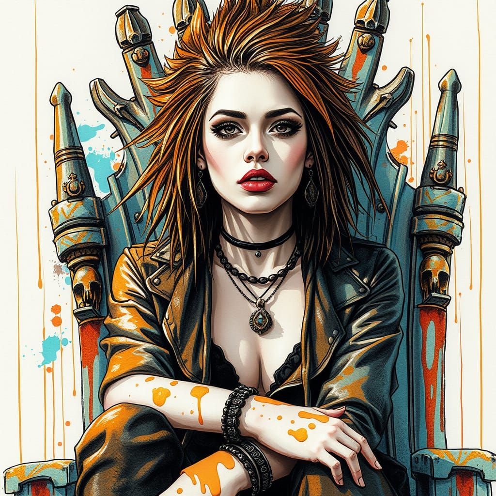 Punk Rebel on Graffiti Throne in Watercolor Style