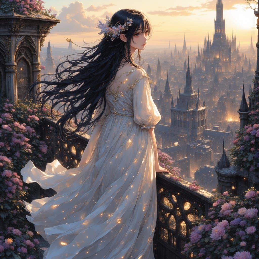 Whimsical Dragon Woman in Futuristic Steampunk City