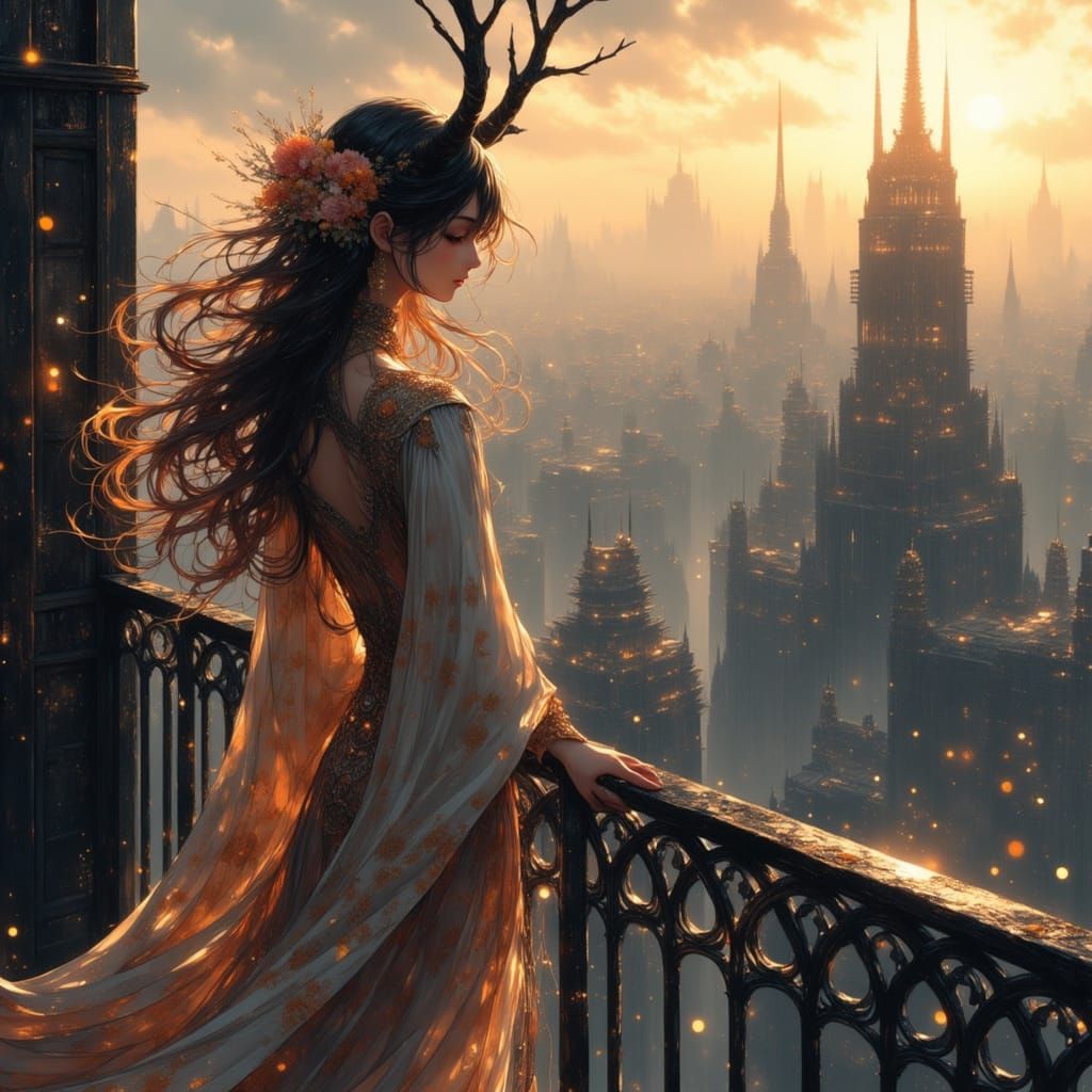 Whimsical Dragon Woman in Steampunk Cityscape