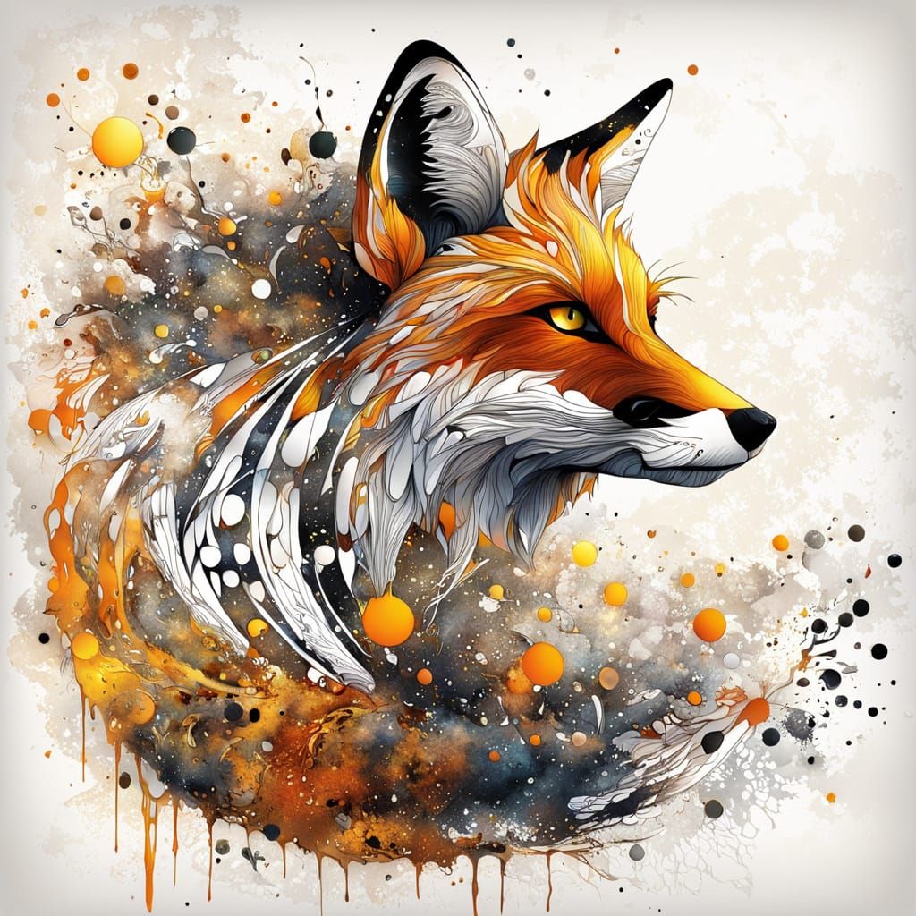Surreal Ink Fox Illustration with Abstract Splatters