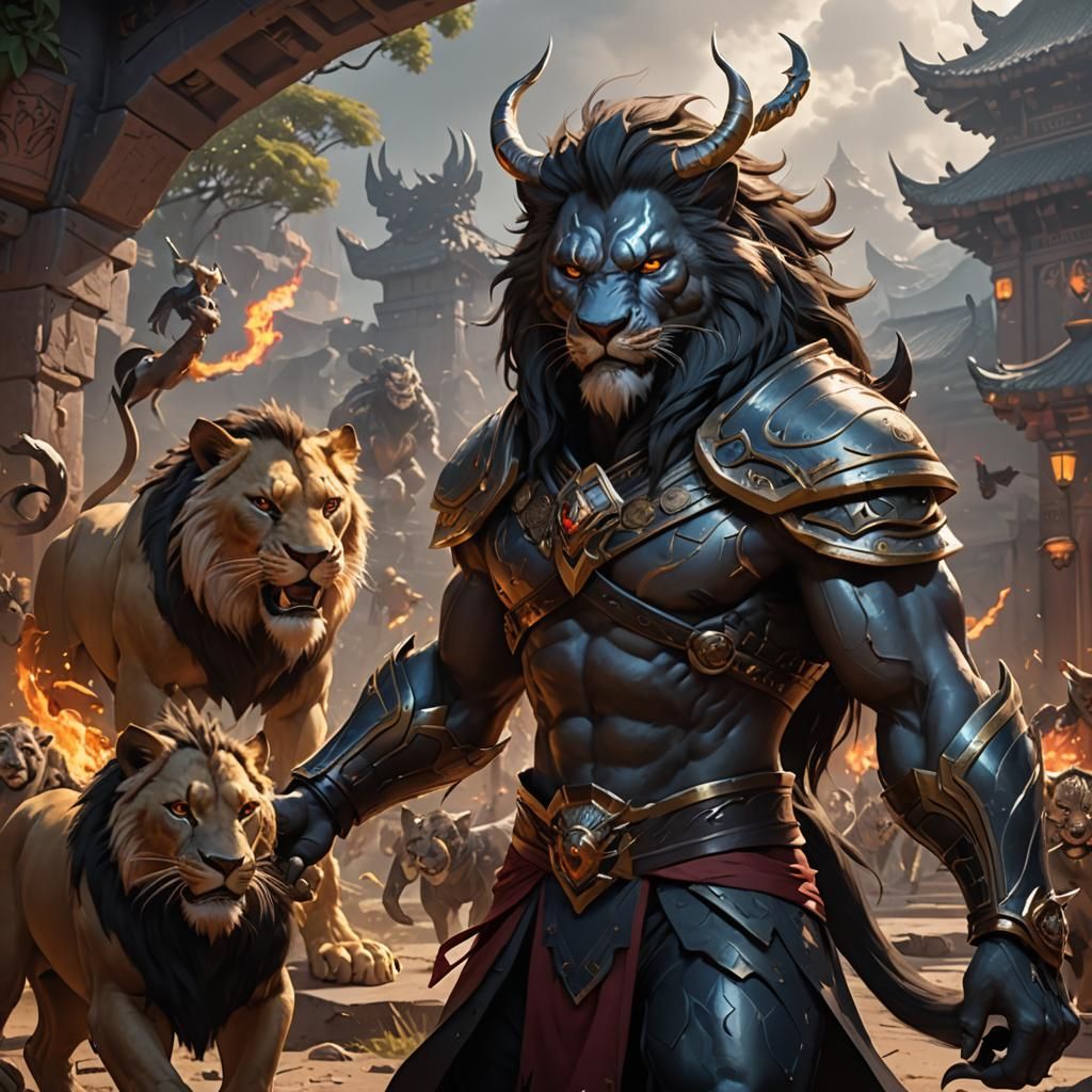 Menacing Lion Character in Asian Style