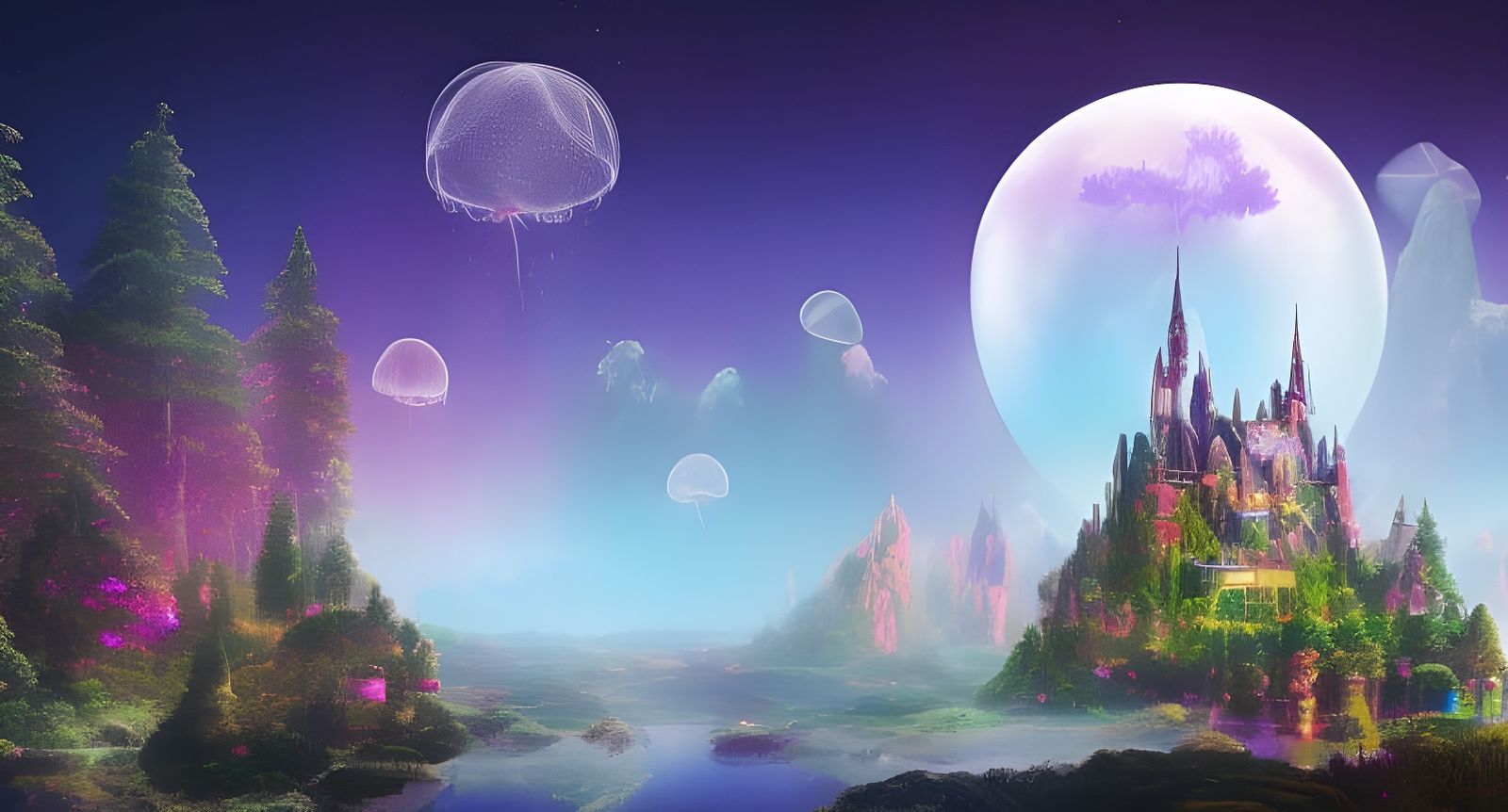 Magical Forest with Flying Creatures and Synthwave Castle