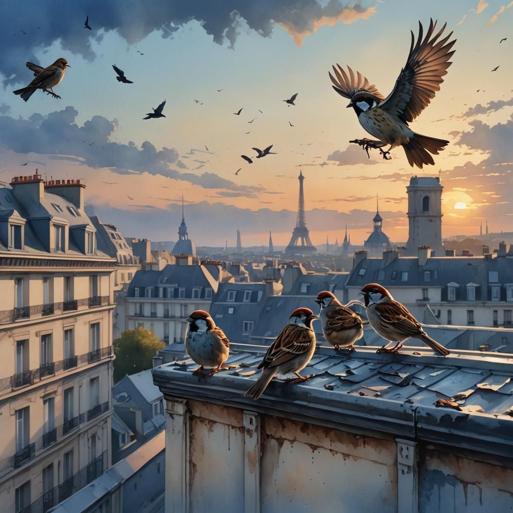 Sparrows on a Gutter in Pale Watercolor