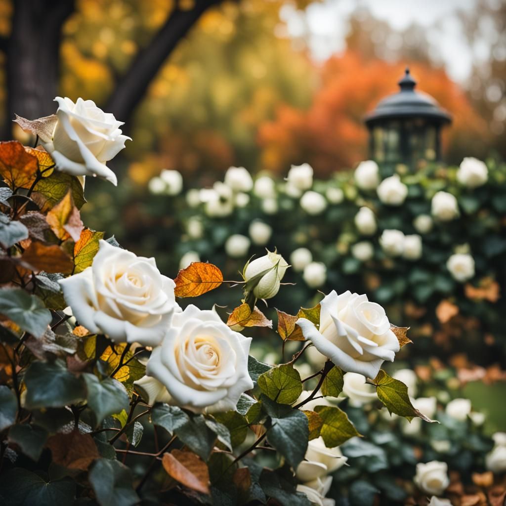 Autumn Garden with White Roses, Professional Photography