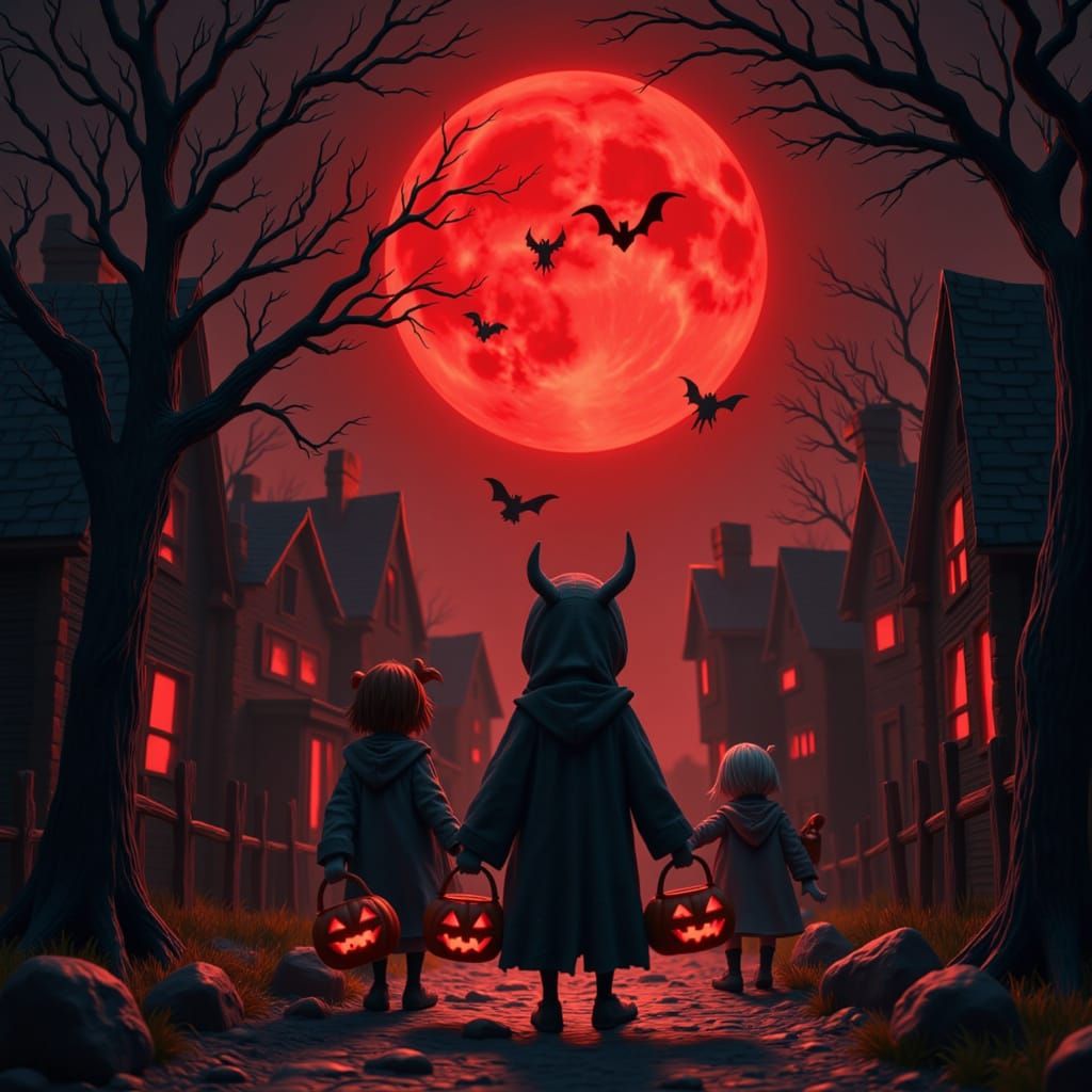 Children Trick-or-Treating Under a Blood-Red Moon