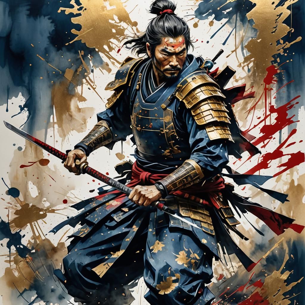 Samurai in Kirigami, Japanese Ink Painting