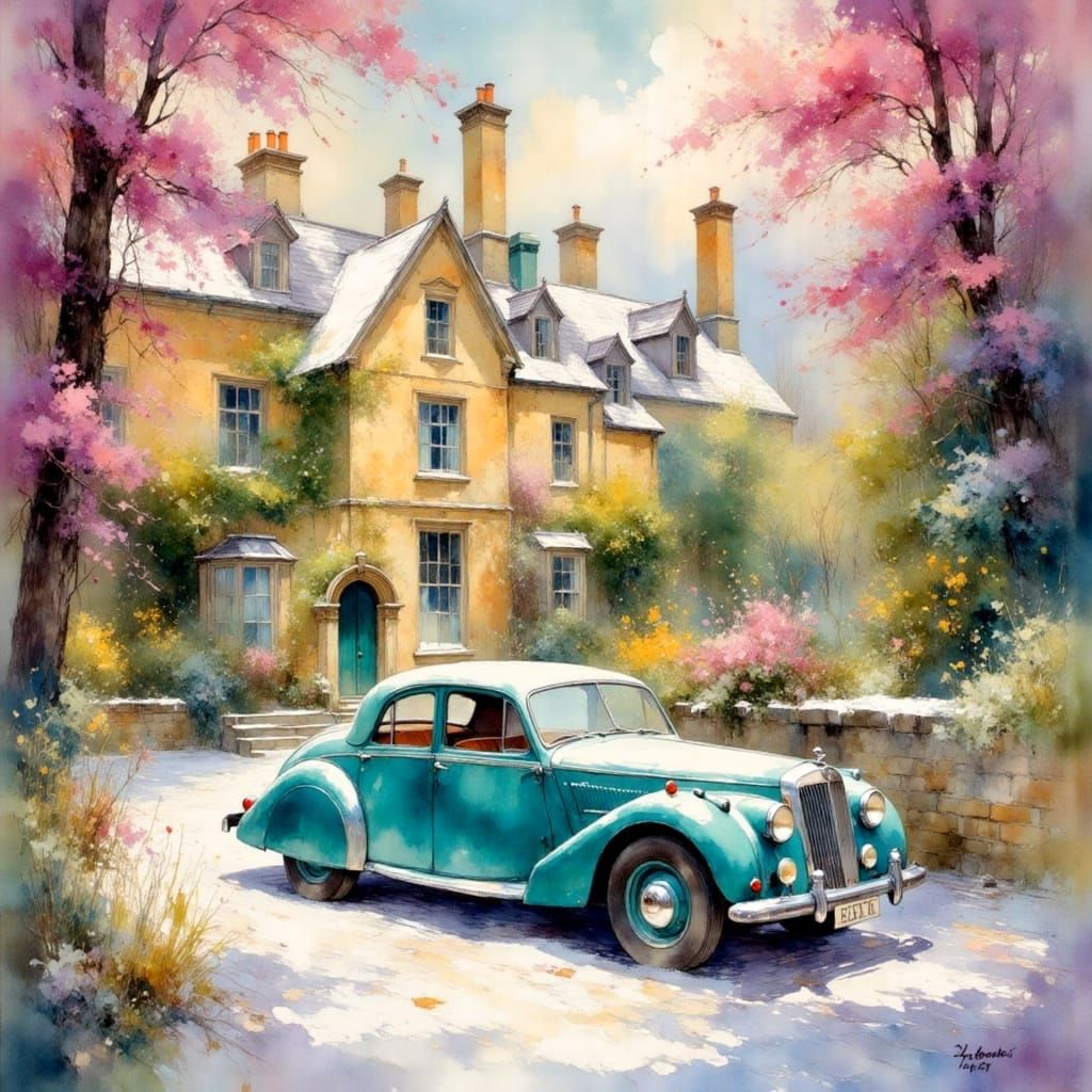 Vintage Car at Winter Manor in Gouache Style