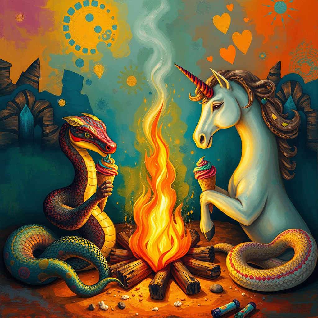 Serpents and Unicorn Enjoying Ice Cream: Surrealist Art