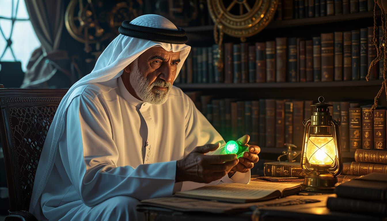 Mystical Emirati Elder in Dimly Lit Room