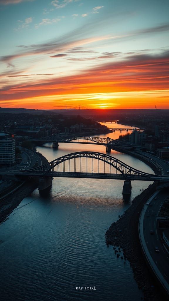 Dramatic Sunset Over River Tyne Bridges