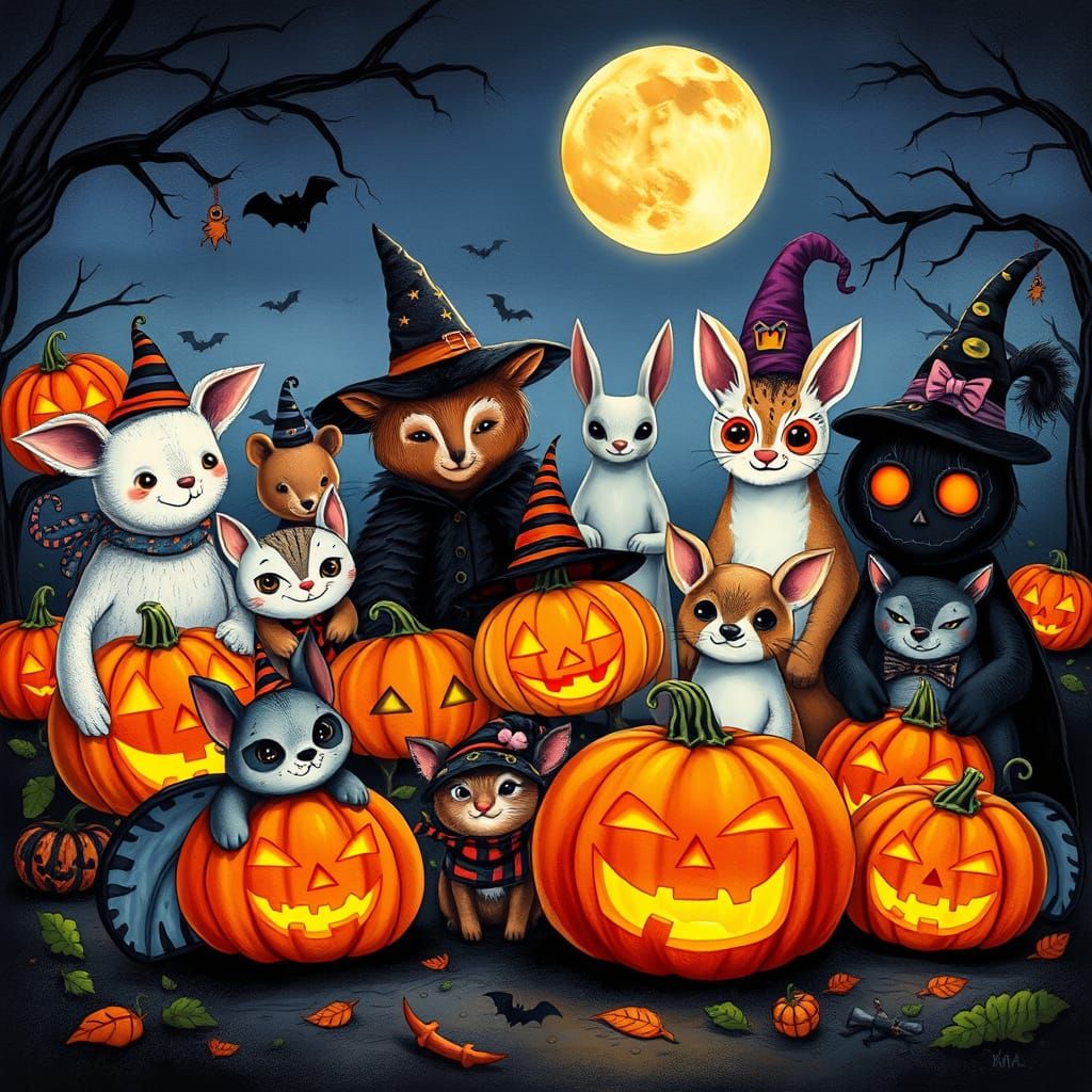 Whimsical Animals in Halloween Costumes Under Full Moon
