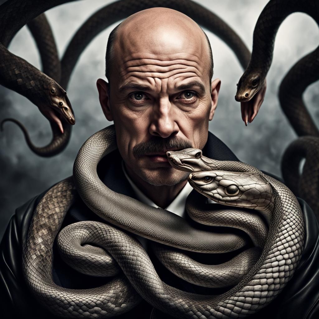 Hyperrealistic Portrait: Man with Snake Mustache
