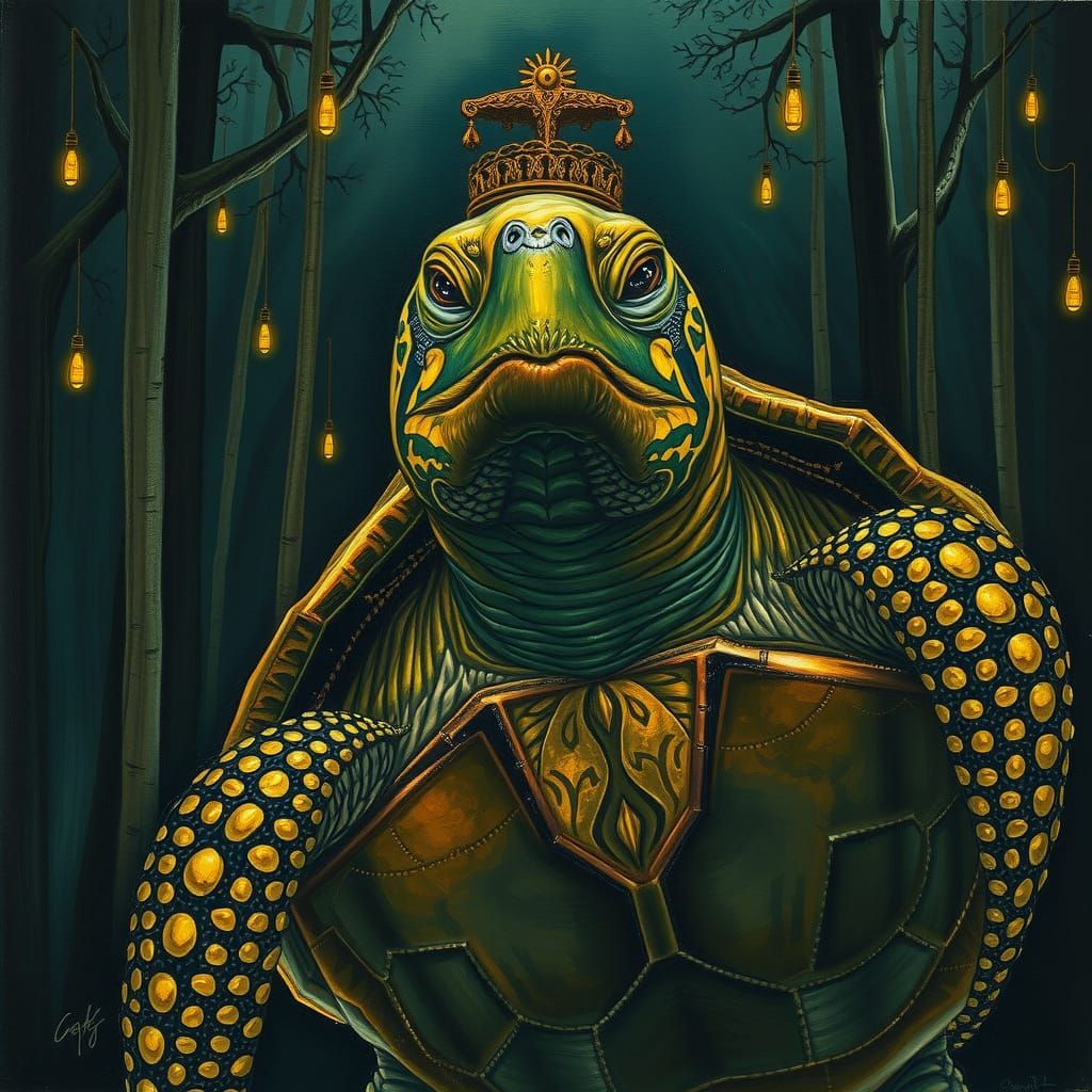 Ethereal Turtle Portrait in a Whimsical Forest Cathedral