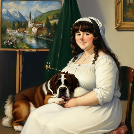 Impressionistic Oil Painting of Swiss Woman with Dog