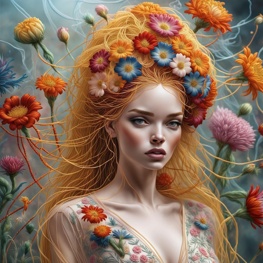 Queen Spaghetti Sculpture with Floral Embroidery Art