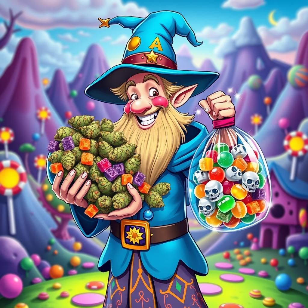 Whimsical Wizard with Marijuana and Skull Gummies