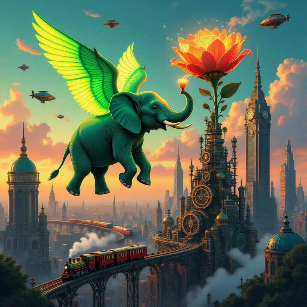 Neon Elephant in Steampunk City, Digital Art