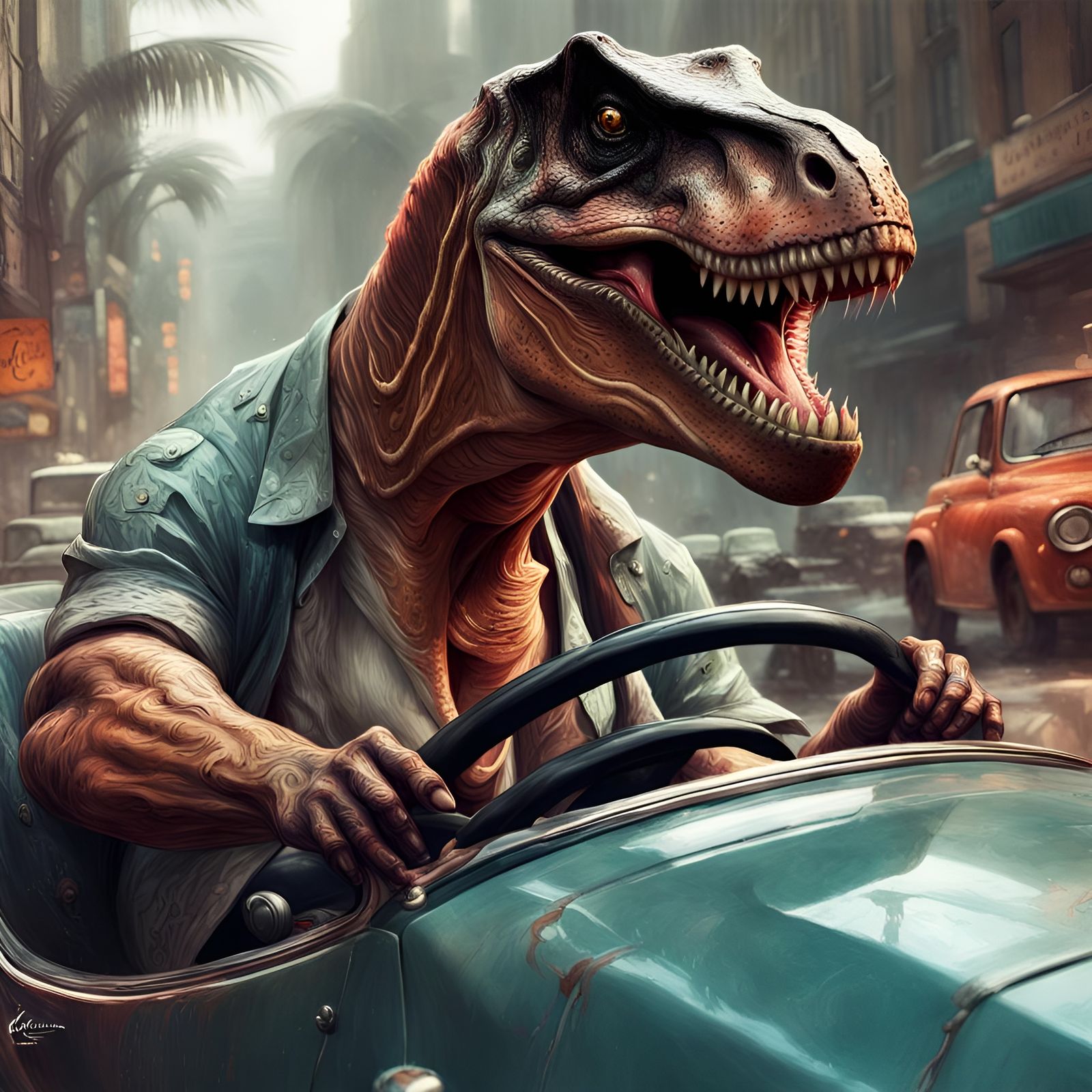 T-Rex Drives a Car: Digital Illustration