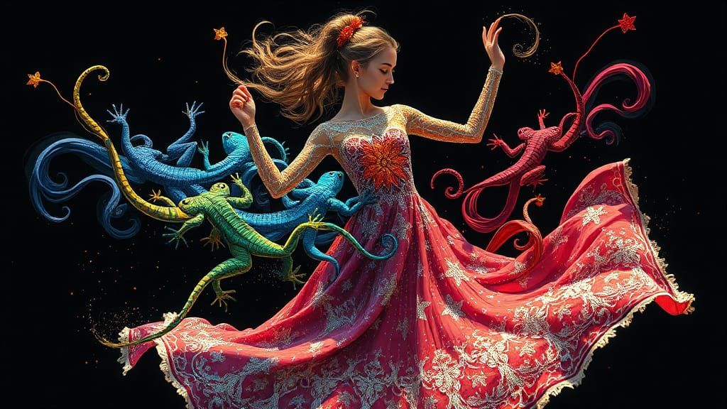 Woman Dancing in Embroidered Dress, Gouache Ink Flow