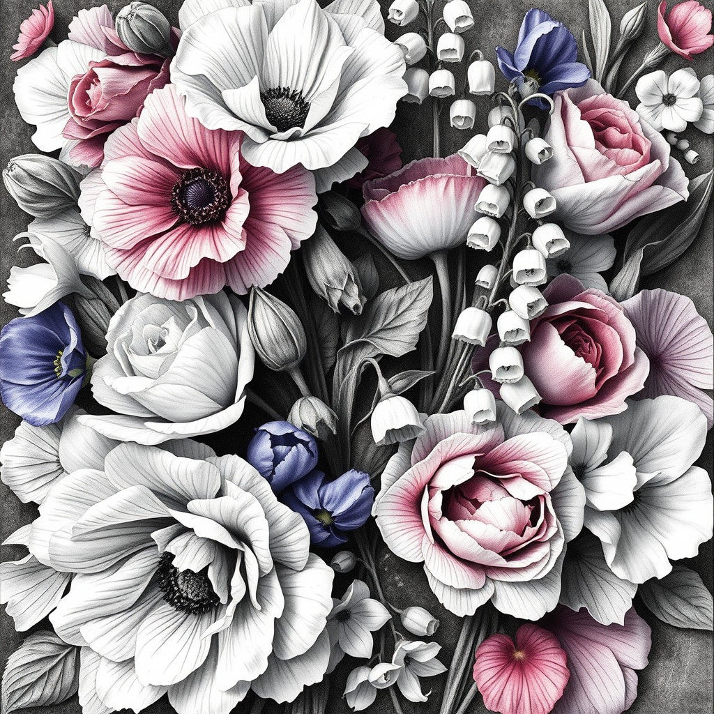 Lush Floral Collage in Charcoal Drawing Style
