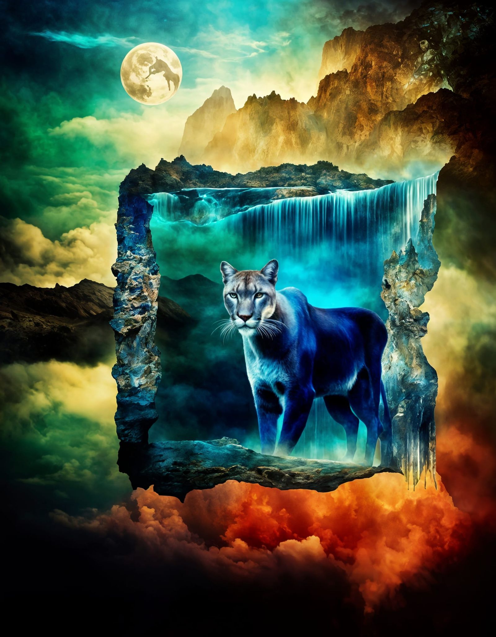 Tribal Cougar Double Exposure in Cosmic Seascape