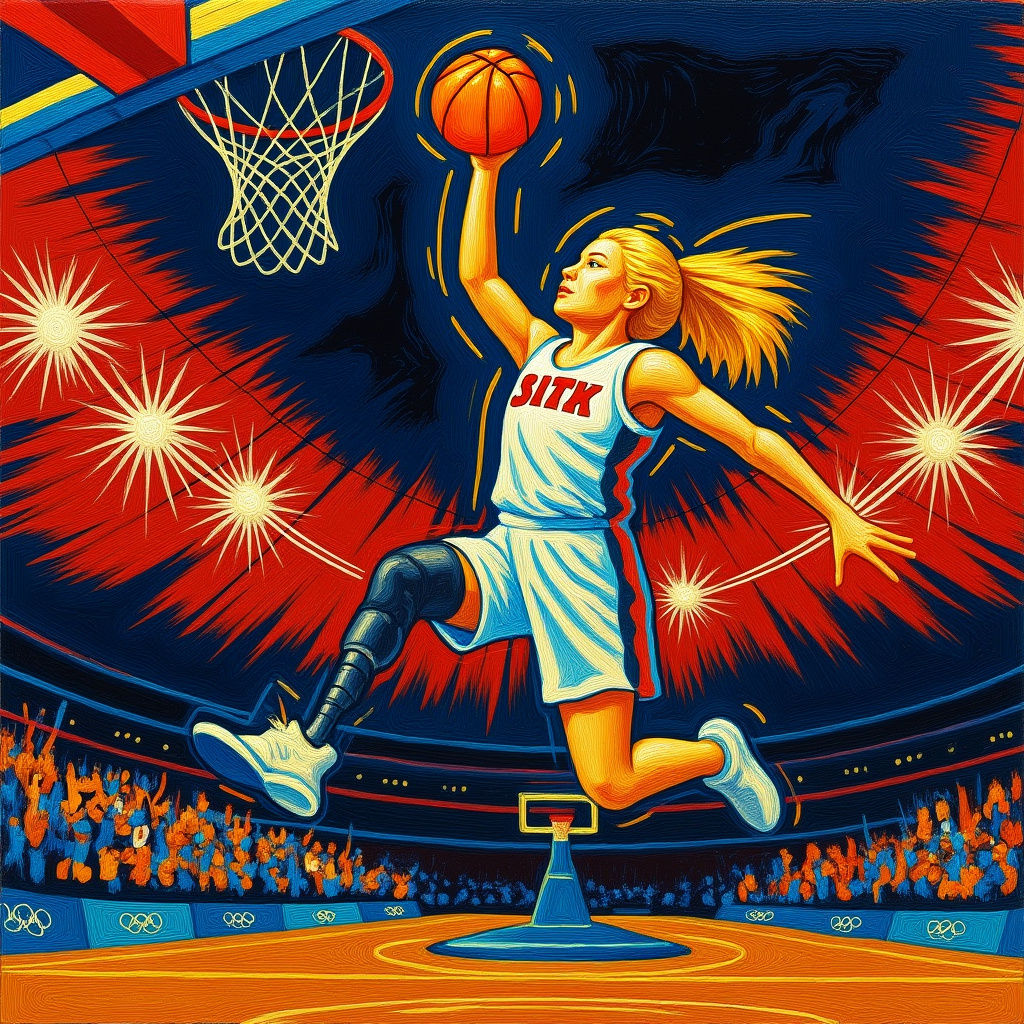 Dynamic Acrylic Painting of Athlete Scoring a Point