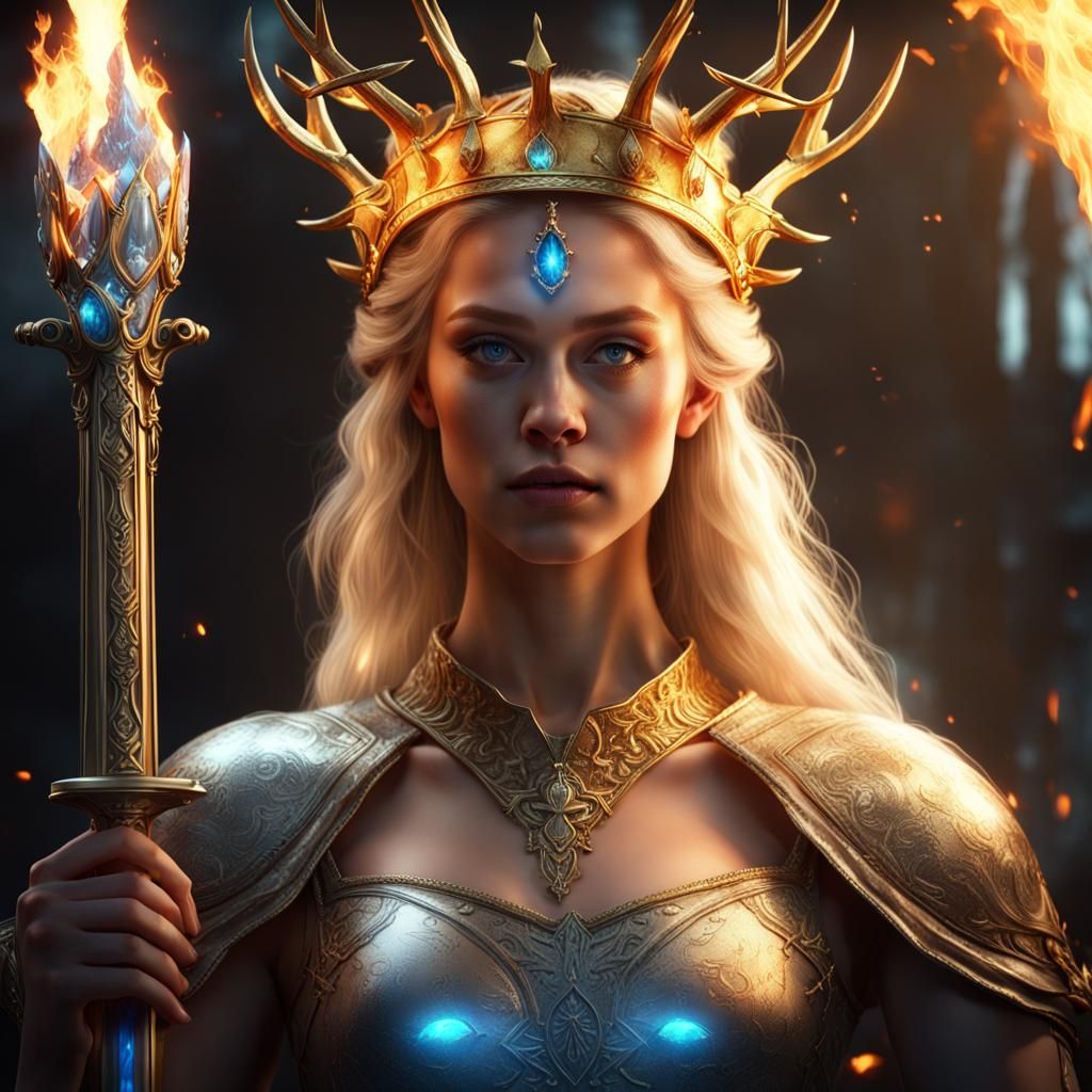 Queen with Stag and Sword: Dark Fantasy Art