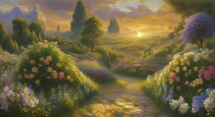 Lush Scandinavian Garden at Night as Oil Painting