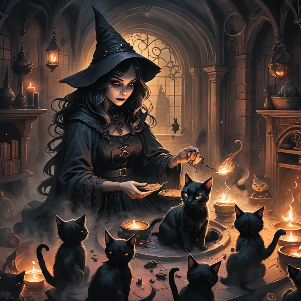 Eerie Witch Casting Spells in Dark Fantasy Illustration