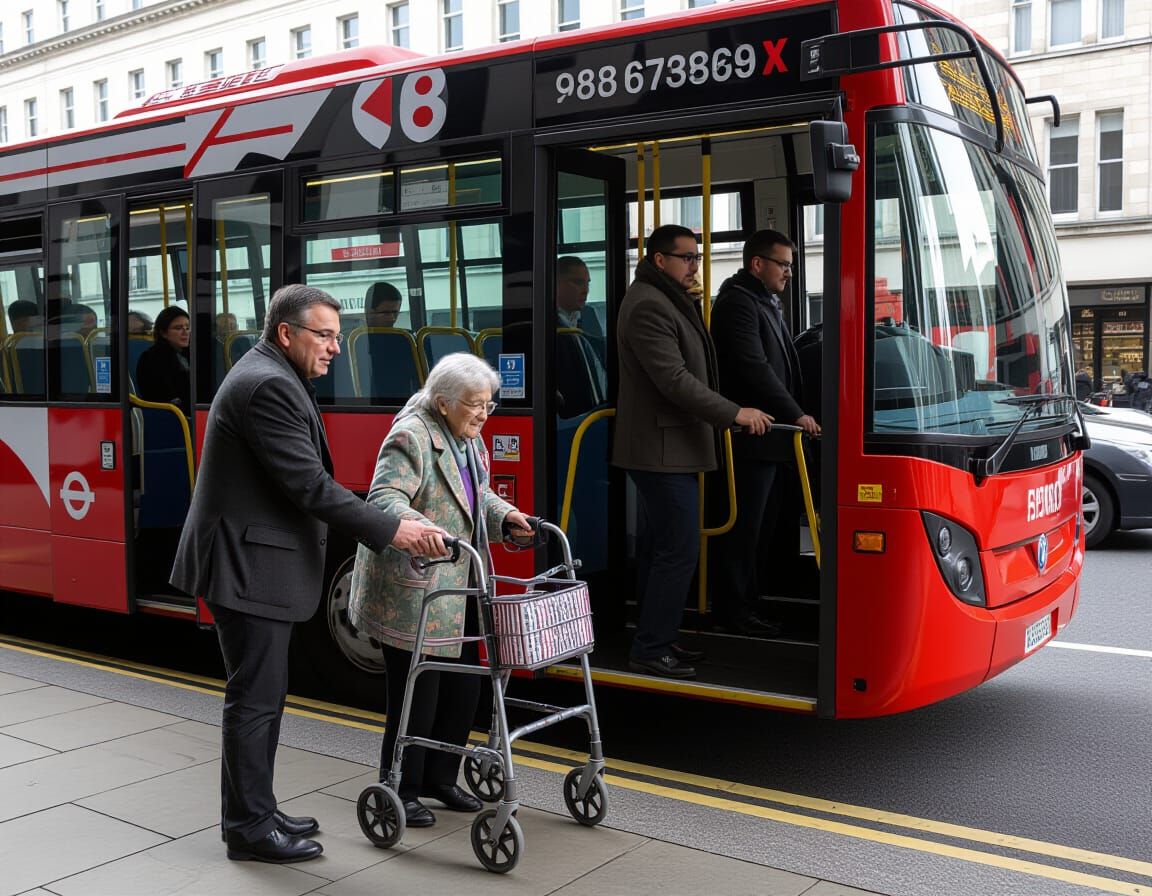 Man Assists Elderly Woman Onto Crowded Bus