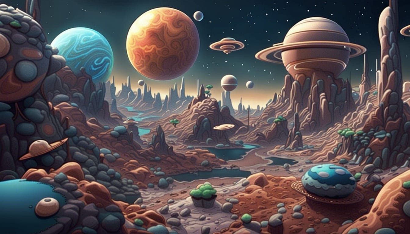 Cartoon Outer Space Matte Painting in CGI Style