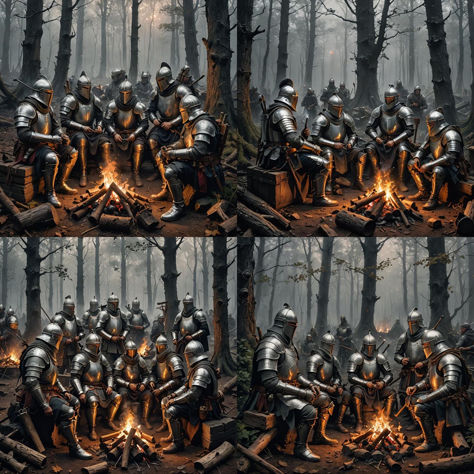 Wandering Knights Rest by Campfire in Dark Forest