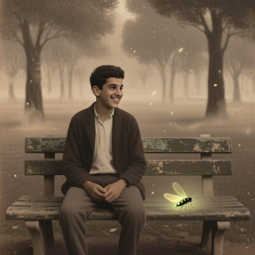 Man Gazes at Firefly on Park Bench in Vintage Photo Style