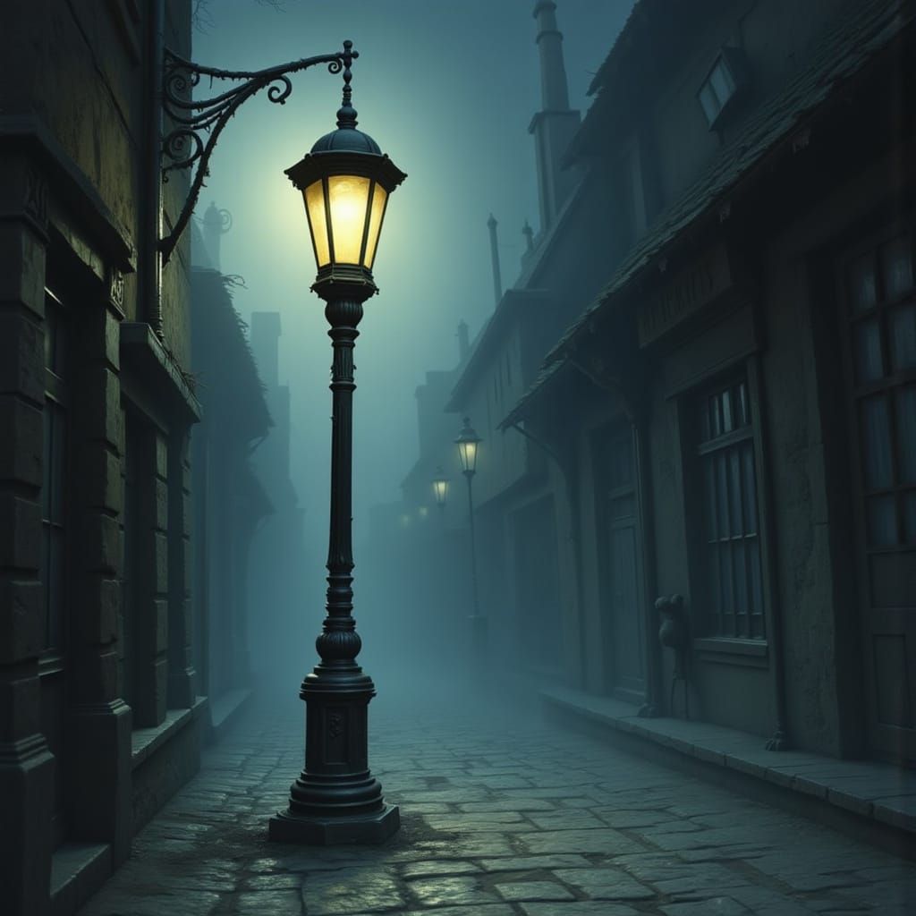Grumpy Streetlamp in Foggy Gothic Alleyway