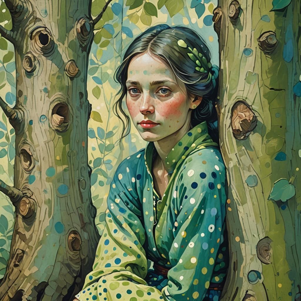 Stylized Folk Art Portrait of Woman in Green