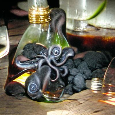 Coal Octopus Entwined Around Rum Bottle