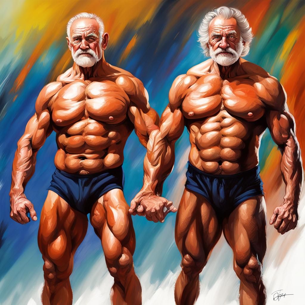 Muscular Seniors at the Gym in Hyperrealistic Splash Art