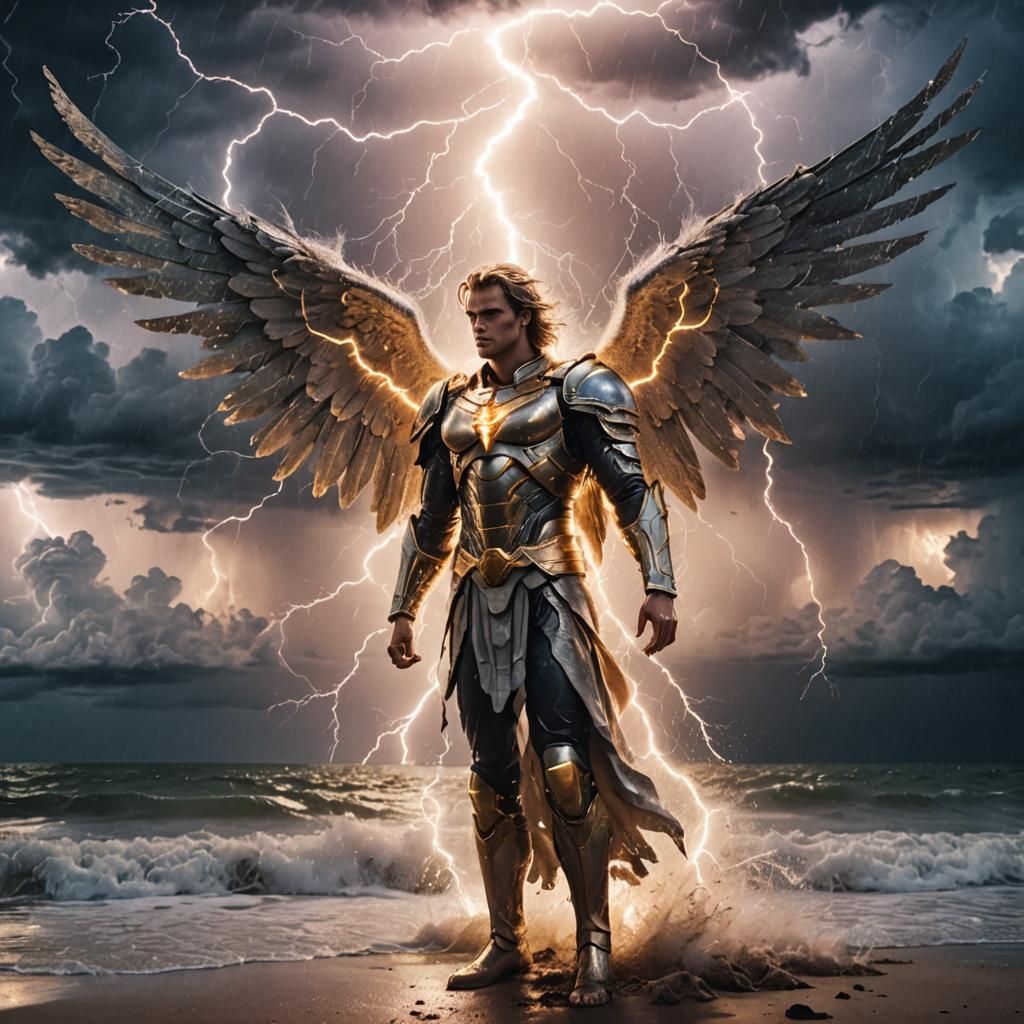 Archangel Watches Lightning Storm on Beach
