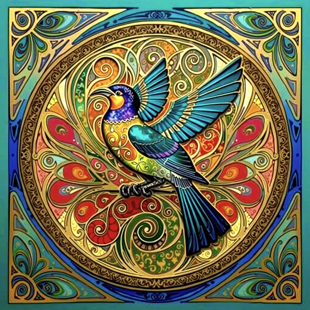 Birds in Vibrant Art Nouveau Linocut Style