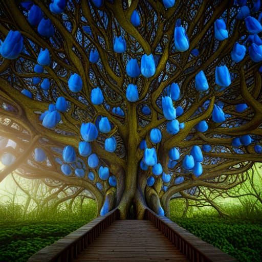 Giant Plane Tree with Blue Tulips: Fantasy Concept Art