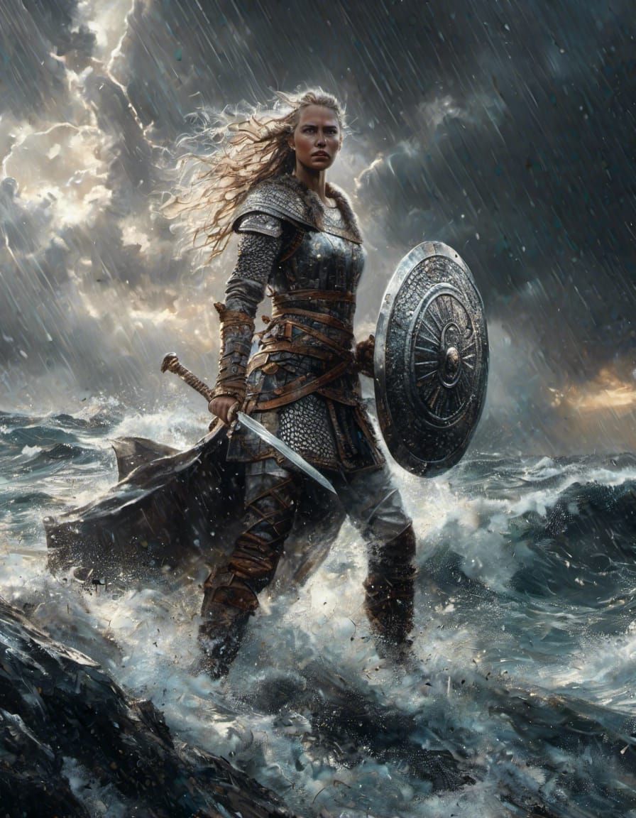 Fierce Viking Woman in Storm